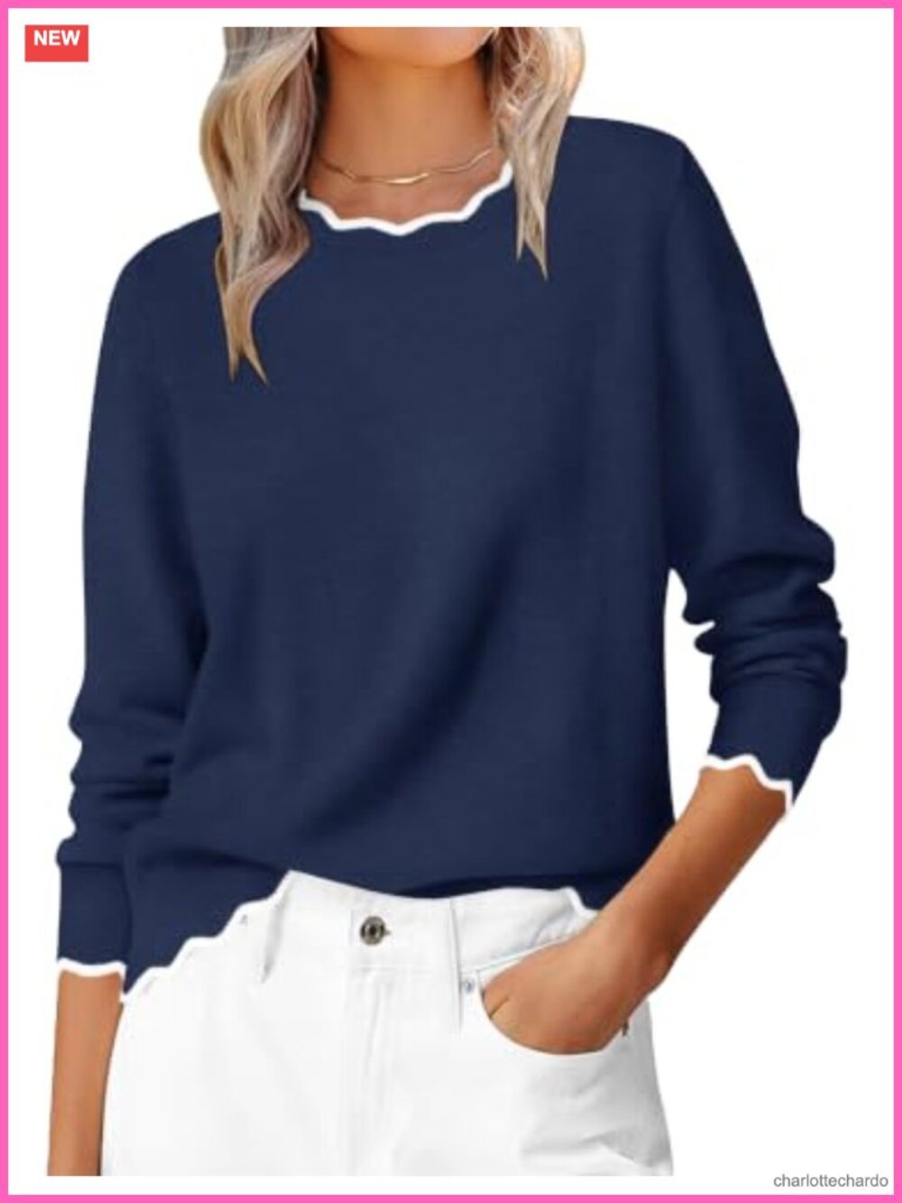 Women Scallop Trim Long Sleeve Pullover Sweater Rayon Blend